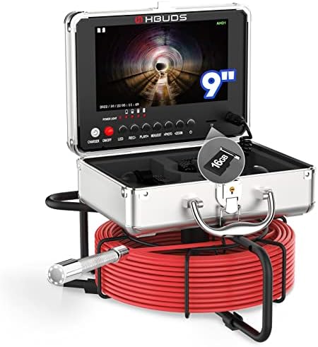 Канализационата камера HBUDS, мозоци камера, 9 -инчен HD монитор водоводна камера змија со светлина, IP68 водоотпорна канализација за инспекција