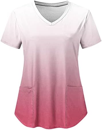 Женски маички за кратки ракави со кратки ракави со џеб летни модни градиентски манжетни манжетни обични лабава работна облека