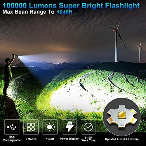Bercol Flashlys High Lumens Recharge, 100000 Lumens Super Bright LED фенерче, 5 режими со USB кабел, IPX6 водоотпорен, рачно моќно светло
