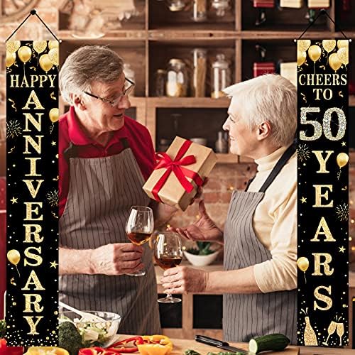 Среќен 50-Годишнината Врата Банер Украси, 50 Свадба Годишнината Навива За 50 Години Партија Материјали, Црно Злато Педесет Годишнината