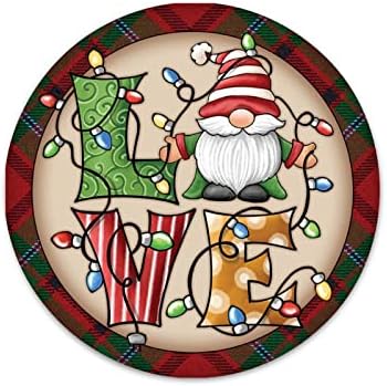 Loveубов Божиќен знак со Gnome заплеткан во Божиќни светла 9 инчи тркалезна метална знак Бар Име на семејство Метал wallид декор знаци