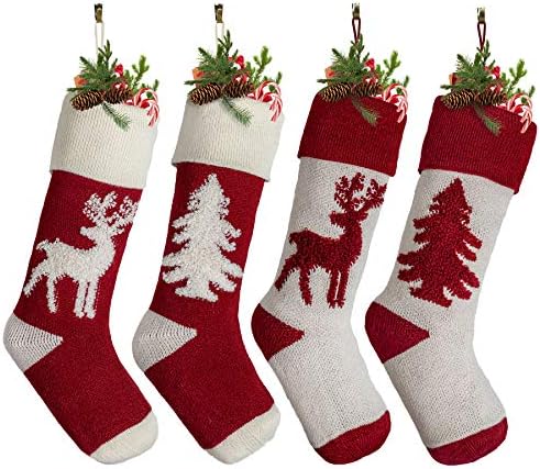 HairUn плетени Божиќни чорапи 4 пакувања, 18 Големи елка и ирваси чорапи, плетени божиќни чорапи Персонализирани украси за семејни празници