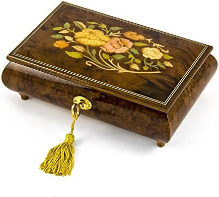 Рачно изработени 18 белешки италијански ореви цветни вметнати музички накит со заклучување и клуч - многу песни за избор -