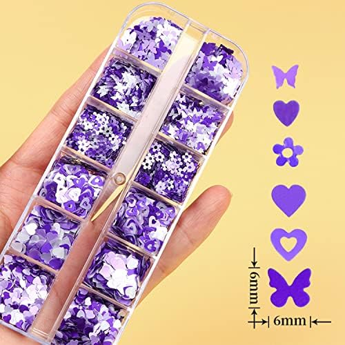 Сјајни сјајни на нокти, сјајни секвенци, виолетова и бела 3Д сјајни нокти дизајни, loveубовни цвеќиња пеперутки Акрилни нокти материјали