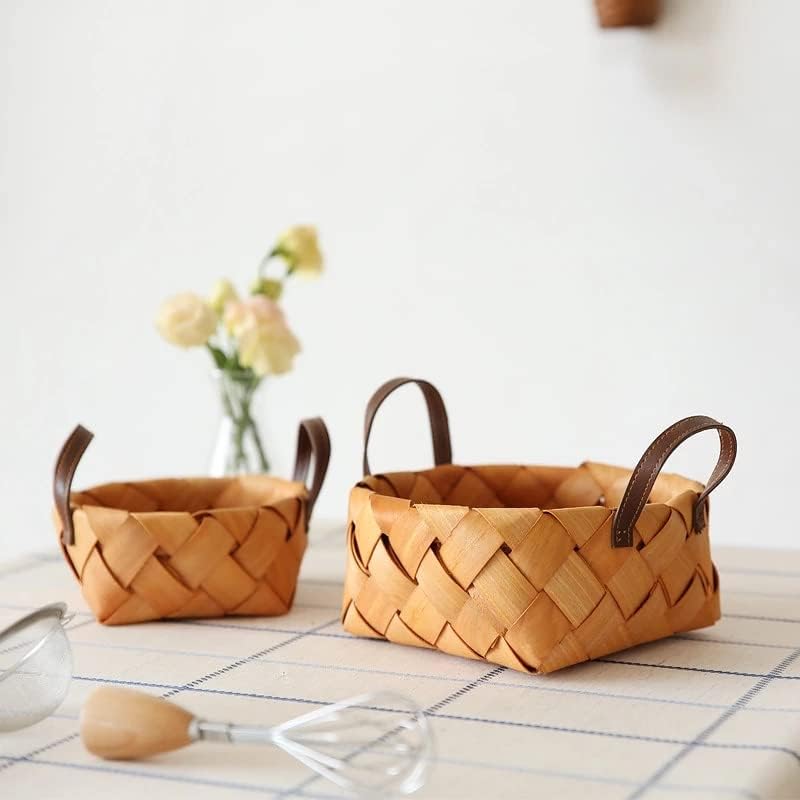 Креативни рачно изработени дрвени ткаени корпи со рачка рачка овошје леб за леб за леб за пикник закуска сад за кујна за складирање