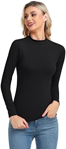 Основни женски основни долги ракави термички врвни лесни лесни кошули на вратот, тенок фит слој мек врв