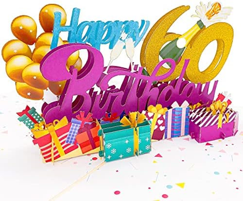 Liif Среќен 60 -ти роденден 3Д честитка Поп -доп картичка, Среќен роденден за жени, мажи, смешни, 60 години, балон, шампањ, прослава