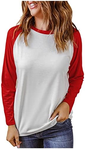 Женски случајни крпеници со долги ракави Раглан кошула 2023 мода во боја блок екипаж џемпер на слатка маичка лабава лесен врвови на пуловер
