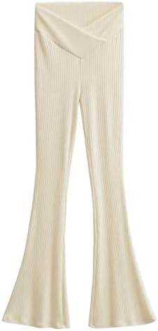 Panенски обични панталони со пламен со висока половината со ребрести цврсти бои подигани јога панталони кросовер тенок вклопување панталони
