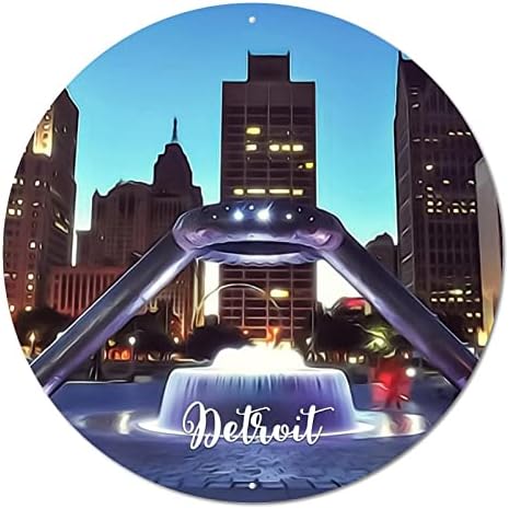 Гроздобер метални калај знаци Плакета Американска држава Мичиген Држава Детроит Сити Скај Сцена, градски пејзаж град, ретро wallидна