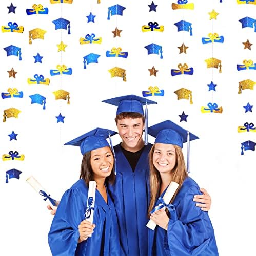 Блескави морнарици на сина и златна декорација Стрими со дипломи за дипломирање, диплома и starsвезди - Заднини Гарландс за материјали за дипломирање