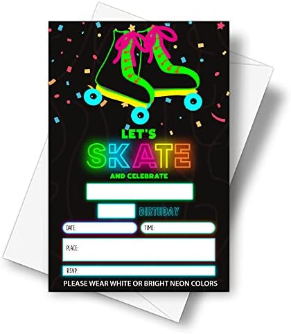 Детето 4 x 6 Сјај Ролери за лизгање на роденденските картички со коверти - Ајде да скејтираме и славиме - Неонски сјај во поканата за забава