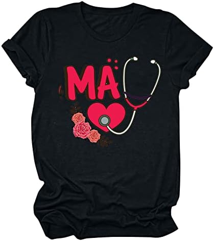 Женски графички маички кошули симпатична шема врвови летни обични кратки ракави тркалезни врвови на вратот смешна медицинска сестра