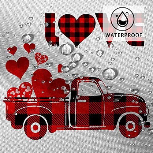 Gkleasg црвен камион за туширање, проверка на мерало со срцев водоотпорен ткаенина машина што се пее со куки за бања за када декор 72 x72