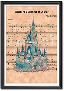 Постер за акварел на замокот LHSAA Disney, кога сакате на starвезден лист музика, печатење на платно, wallидна уметност декорација Декорација