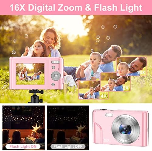 Дигитална камера за тинејџери деца, 1080p 48MP Детска камера со 32 GB SD картичка, 2,4 инчи LCD екран Деца Дигитална камера со 16x дигитален