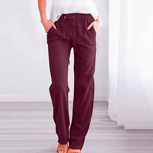 Обични летни памучни постелнини панталони за жени широки панталони со нозе со џебови, широки цврсти бои права панталони за нозе