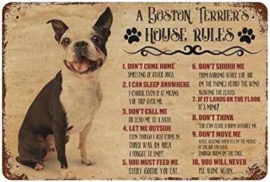 Смешни правила за кучиња Метални калај потпишете ја куќата на Бостон Териер Правила artидна уметност Рустикална фарма куќа кучиња знаци со изреки