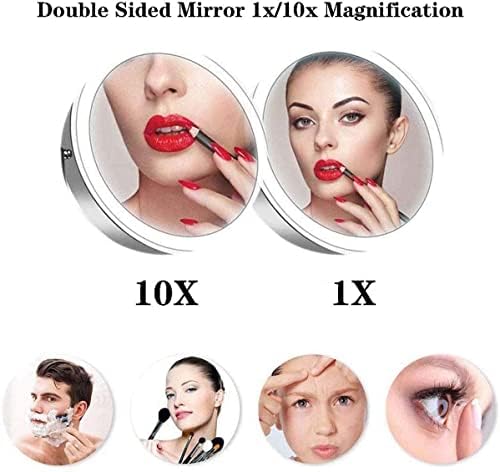 8-инчен wallиден монтиран огледало за шминка, 10x зголемување козметичко огледало со светла LED, двострана огледало на огледало