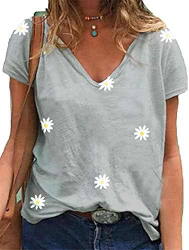 Andongnywell Women'sенски печатени обични врвови со кратки ракави со кратки ракави V-вратот на лабава блуза Основна маичка за маички