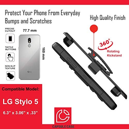 Случај ОЈУ Компатибилен Со LG Stylo 5 [Двослоен Тежок Борбен Појас Клип Отпорен На Удари Футрола За Црна Кутија] за LG Stylo