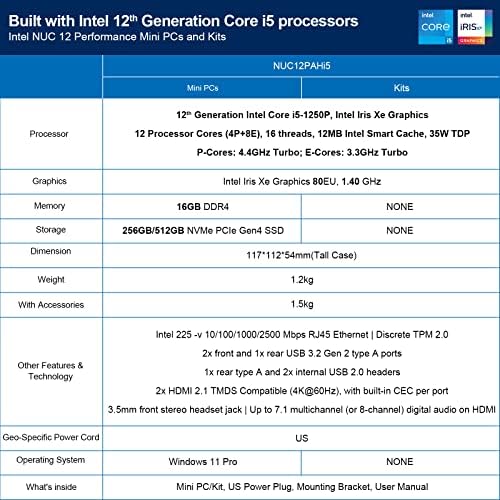 Интел НУК 12 Про, Најнови NUC12WSHi5 Десктоп Компјутер Мини Pcw Со Држач За Монтирање Веса, 2xThunderbolt4, WiFi 6E, БТ 5.2, 8K, Win11 Pro