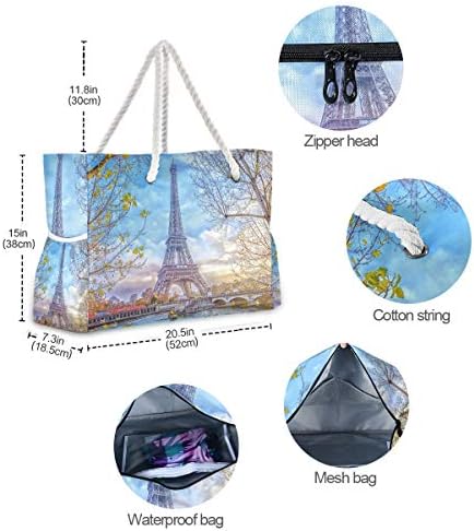 Торба за плажа Алаза, Ајфелова кула во Париз Франција рамо на плажа со рачки со памучни јаже