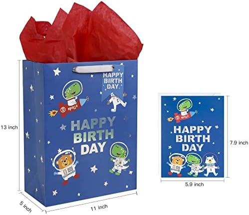 Мајплус 13 Голема Торба За Подароци Со Роденденска Честитка и Ткивна Хартија За Момче-Дизајн На Астронаут На Диносаурус За Момчиња