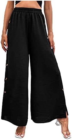 Постелни панталони за жени, женски широки панталони за нозе летни памучни постелнини еластични панталони за панталони со џебови