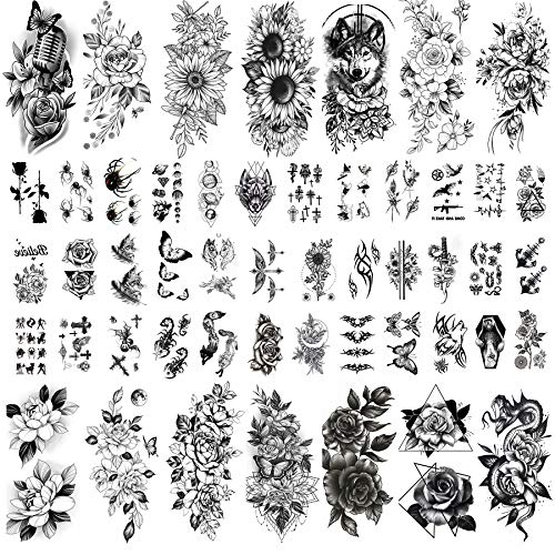 Котбс 50 Листови Секси 3д Црна Скица Цвеќиња Привремени Тетоважи За Жени Девојки, Вклучуваат 14 Листови Големи Налепници За Тетовирање За Возрасни