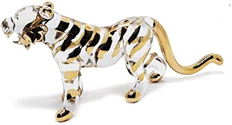Фигура за тигари со разнесени стакло - Колекционерски сафари животни - чиста кристална рачно изработена минијатура - злато насликано бело