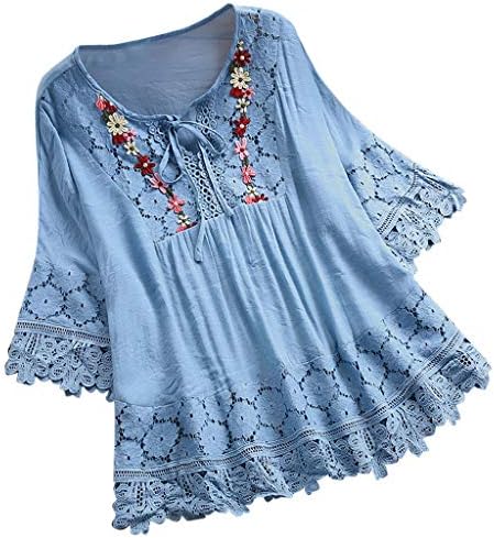 Женски лабави обични врвови модни чипка крпеница 3/4 ракави лак за лакови v-врат маица проточни цветни блузи Топ