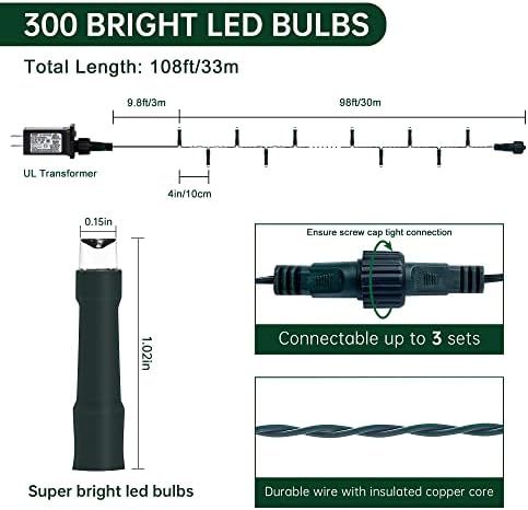 Heyfuni Божиќни светла на отворено 98ft 300led, водоотпорна зелена жица самовила, приклучуваат со 8 режими, мини Божиќни светла за затворена