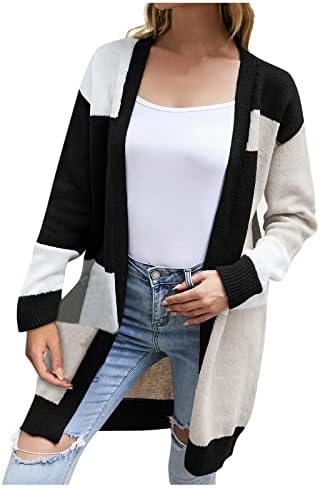 Кокера кардиган џемпери за жени мода есен 2022 елегантни отворени предни кардигански палта каузални лабави бои блок -палто за надворешна облека
