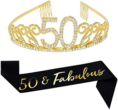 50 -ти роденден злато тиара и појас, сјајно сатен саш и кристална тиара роденденска круна за 50 -ти роденденски материјал, фаворизира