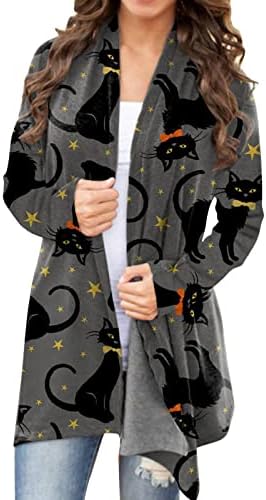 Женска Ноќта на вештерките обични блузи животински мачки печати кардиган палто со долг ракав врвови смешни отворени предни кардигански