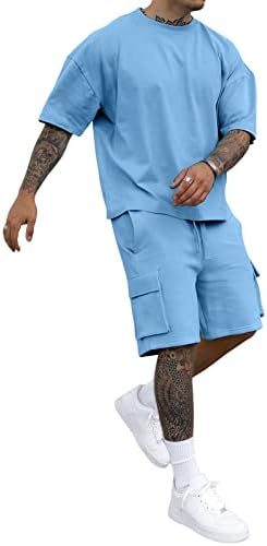 Аулименски машки 2 парчиња кошула поставени тренерки за обични кратки ракави за летни спортски облеки за мажи со карго џеб