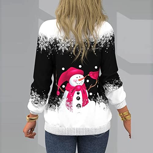 Jjhaevdy Women Cute Cute Smignal Snowman Sweatshirts Среќен Божиќ графички лабави врвови со долги ракави печатени кошули