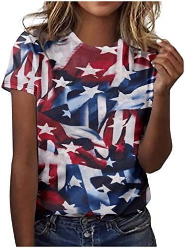 Врвови за жени облечени обични американски кошула со американско знаме летни цветни графички кошули кратки ракави блузи екипаж
