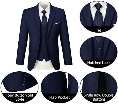 Mens Suits 3 парчиња 2 копче Slim Fit Cuit Smuxedo Prom Formal Јакна Блејзер елек панталони со вратоврска