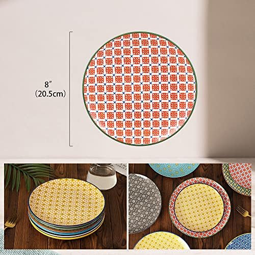 Dessert Plates Set Ceramic Plate - Porcelain Appetizer Salad Plates 8 inch - Flat Kitchen Colorful Plate with Pattern for Breakfast | Lunch | Dinner - Microwave | Oven | Dishwasher Safe - Set of 6