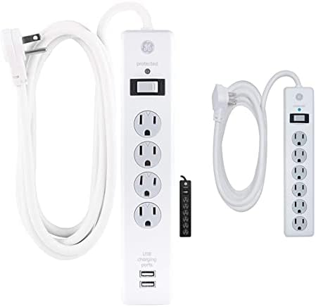 GE Surge Protector, 4 продажни места 2 USB порти, дополнителни долги 8ft. Кабел за напојување, бел, 25798 & 6-излезен заштитник