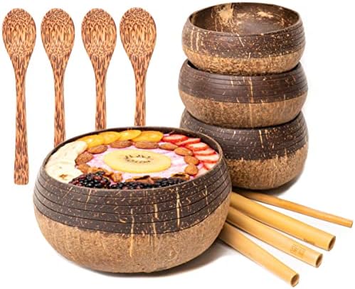 Сет на чинии од дождовни шуми од 4 џамбо хоризонти чинии од кокос, 4 дрвени лажици и 4 сламки за еднократно бамбус - природни, рачни