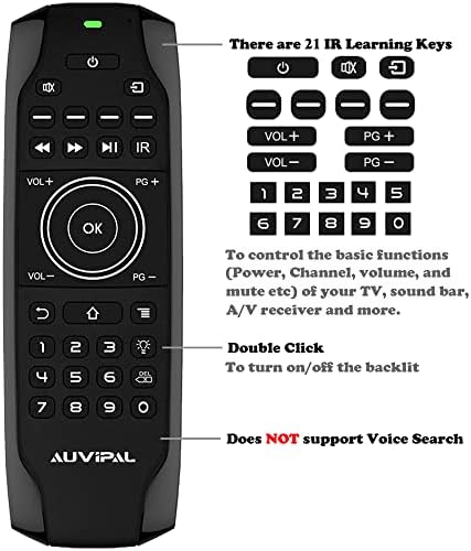 Auvipal G9F Backlit Mini Bluetooth тастатура, далечински управувач за замена со 21 IR клучеви за ТВ стап 4K, Chromecast Google TV, Nvidia