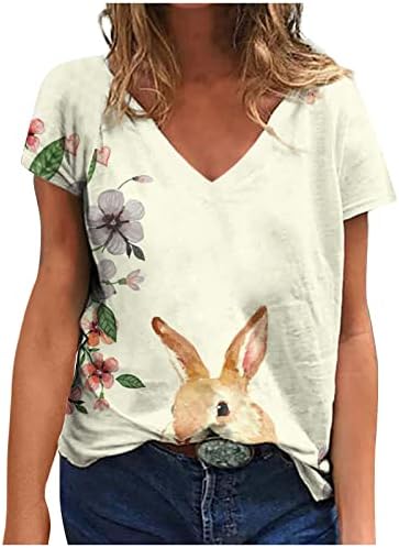 Велигденски кошули за жени кошули за зајаче, симпатична зајак графичка мета лето лето -вратите со кратки ракави за кратки ракави