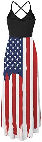 4 јули Макси Фустан За Жени Летен Секојдневен Бохо Фустан Знаме На САД Ками Лажичка Без Ракави Ѕвезди Ленти Сарафани
