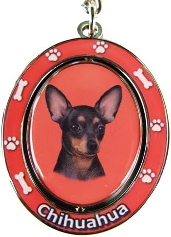 Chihuahua, црна и тен клуч „Спинкирање на ланци за миленичиња“ со двојно место за вртење со лице со чивахуа, изработено од метал со тежок квалитет,