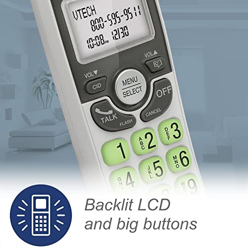 VTech VG101 Dect 6.0 безжичен телефон за дома, сино-бел дисплеј за позадинско осветлување, големи копчиња со позадинско осветлување, целосен дуплекс звучник, лична карта/по?