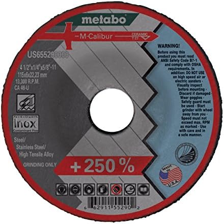 Метабо- Апликација: Челик/не'рѓосувачки челик- 4-1/2 x 1/4 x 7/8- CA46U M-Calibur T27, тип 27 М-калибурски депресивни тркала за мелење на