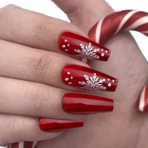 Уранијански Божиќен печат на нокти црвени долги лажни нокти ковчешки ковчешки ленти за снегулки сјајни лажни нокти дизајни Дедо Мраз елк